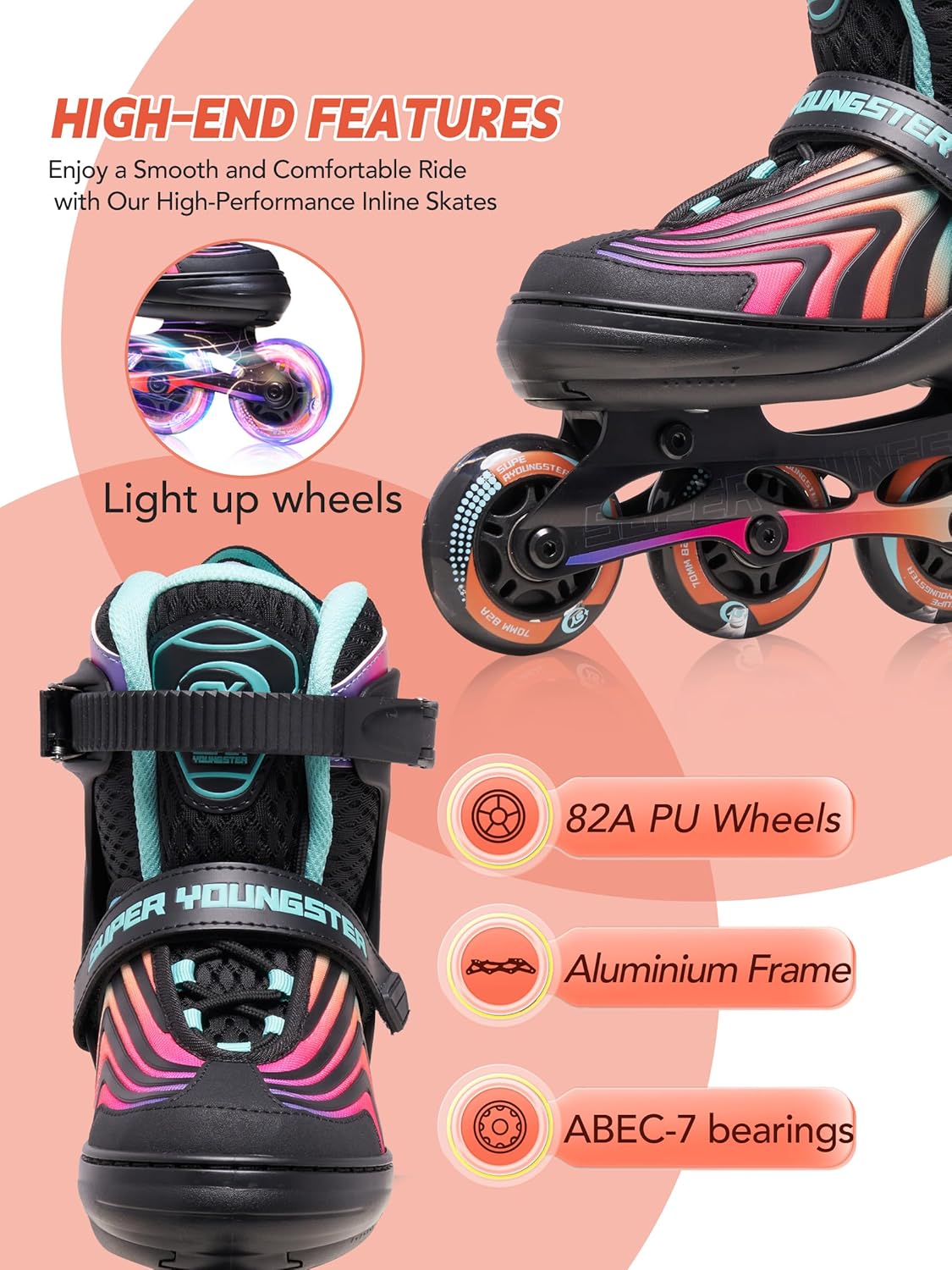 SUPER YOUNGSTER Girls Inline Skates for Boys Kids Ages 4-12, Adjustable Light Up Roller Skates for Youth Teens Ages 8-12, Beginner Blades for Women Adults