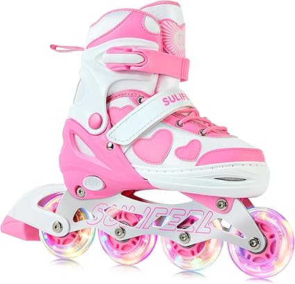 SULIFEEL Love Hearts 4 Size Adjustable Kids Inline Skates for Girls with Fluffy Pom Light Up Wheels Ages 3-12 Girls Birthday Gift for Indoor Outdoor Sports