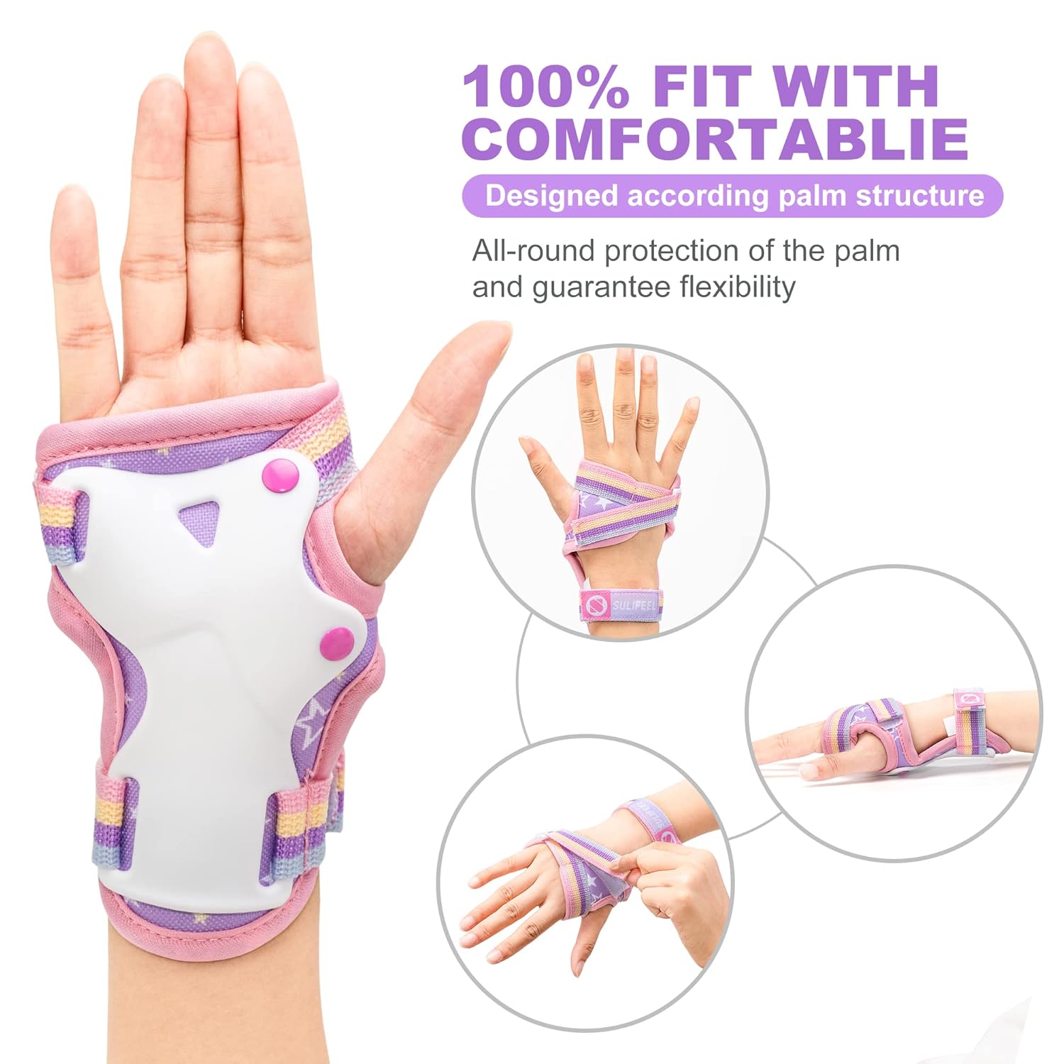 SULIFEEL Rainbow Unicorn Knee Pads for Kids Knee Elbow Pads Wrist Guards with Drawstring Bag Adjustable Protective Gear Set for Girls Roller Skating Bike Cycling Skateboard Scooter Purple Small