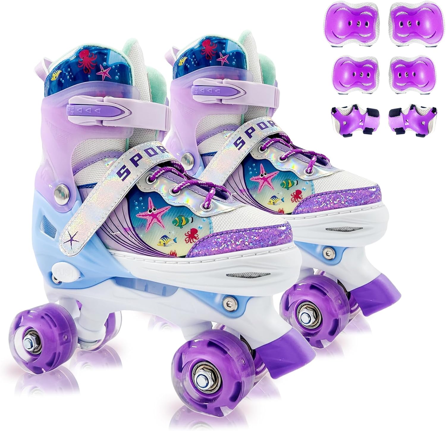 Adjustable Kids Roller Skates for Girls and Boys Ages 3-5 5-8 8-12, All 8 Wheels of Girl's Skates Shine, Safe and Fun Illuminating for Outdoor Indoor Sports