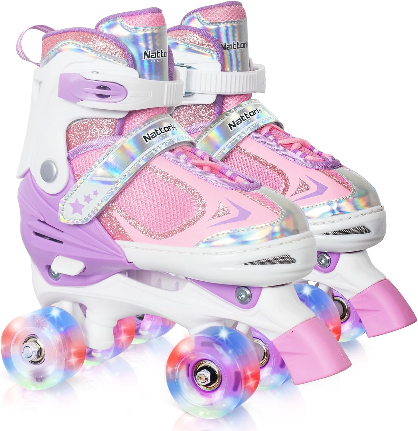 Nattork Kids Roller Skates for Boys Girls Kids, 4 Sizes Adjustable Quad Skates with All Light up Wheels - Birthday Gift for Indoor Outdoor Sports