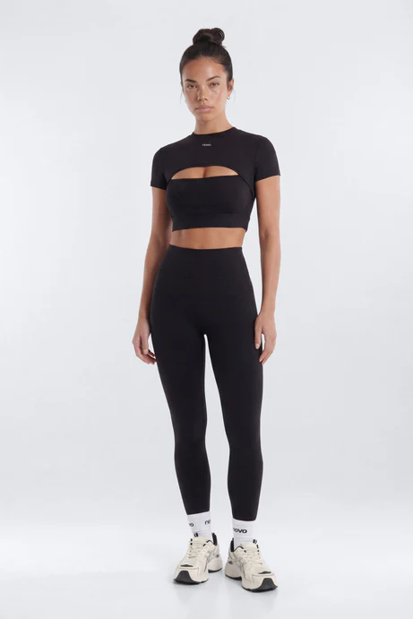 Cut Out Short Sleeve Sports Top - Black