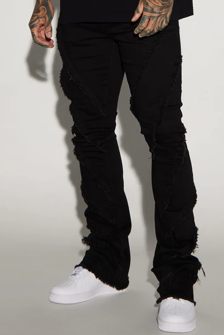 Slanted Fray Stacked Skinny Flare Jeans - Black