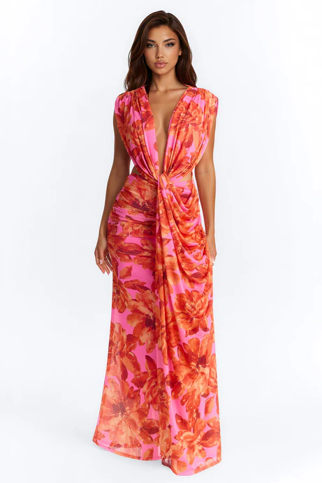 Veda Floral Mesh Maxi Dress - Pink/combo