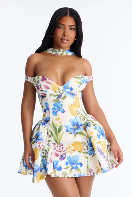 Grand Beauty Floral Off Shoulder Mini Dress - Blue/combo