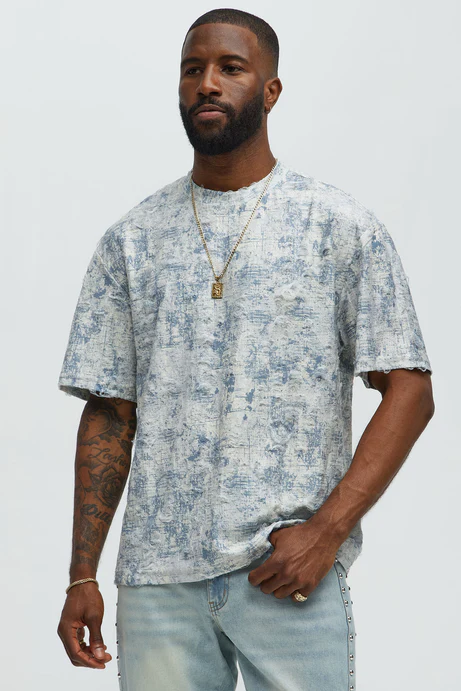 Distressed Relaxed Short Sleeve Tee Shirt - Cream