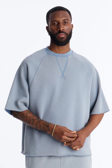 Washed Raw Edge Oversized Tee - Slate Blue