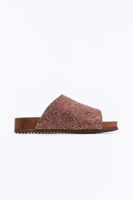 Genuine Suede Textured Slip On Slide - Brown