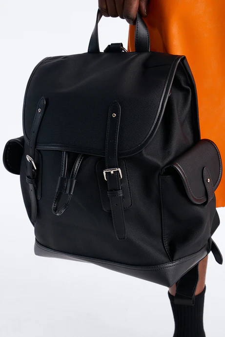 Canvas Dual Buckle Drawstring Backpack - Black