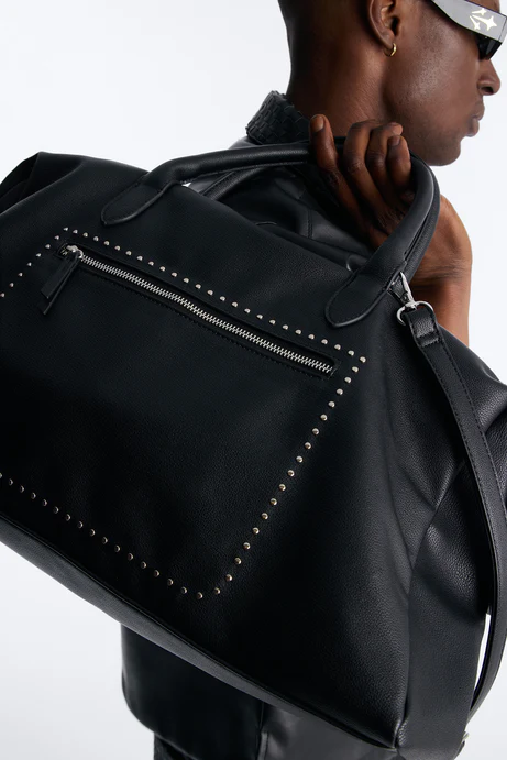 Textured Faux Leather Mid Size Weekender Duffle Bag - Black