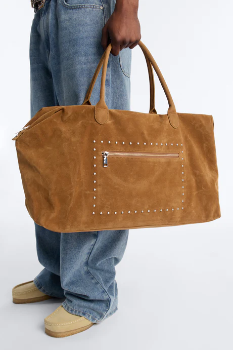 Faux Suede Studded Weekender Bag - Camel