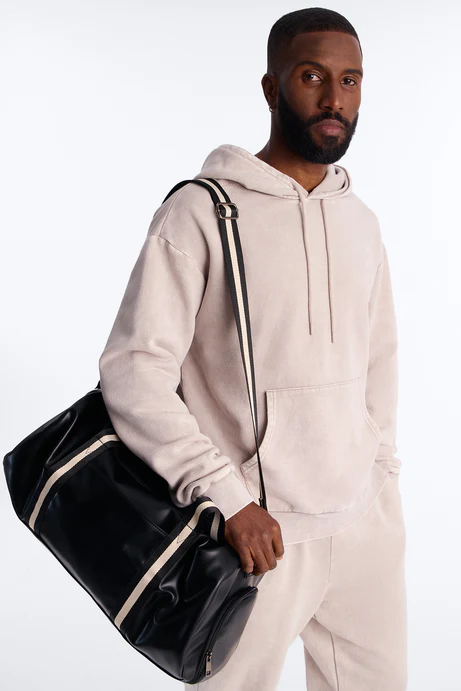 Contrast Strap Mid Size Faux Leather Duffle Bag - Black