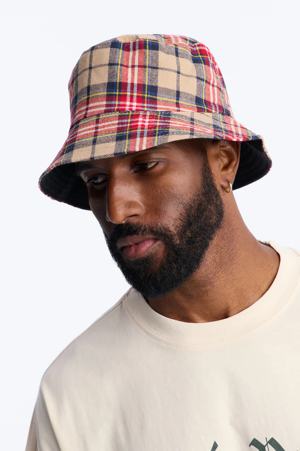 Casual Reversible Flannel Bucket Hat - Tan/Multi