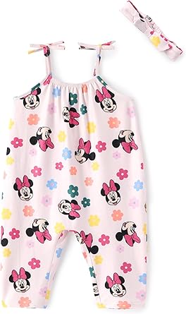 Disney Frozen Elsa Princess Minnie Stitch Marie Girls Romper with Bow Tie Strap and Headband Cute Jumpsuit for Baby & Toddler