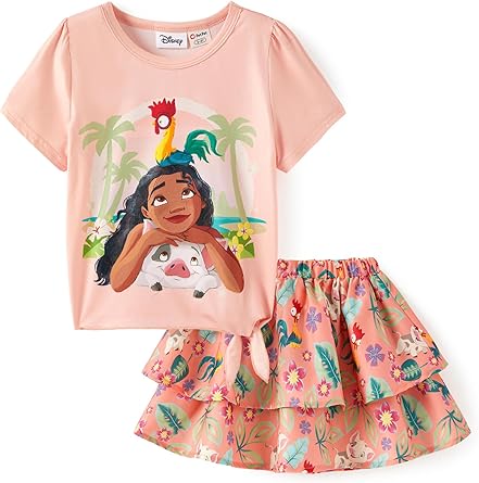 Disney Frozen Elsa Stitch Minnie Princess Toddler Girls' T-Shirt & Double Ruffle Skirt 2 Piece Outfit Summer Clothes Set 2-9Y