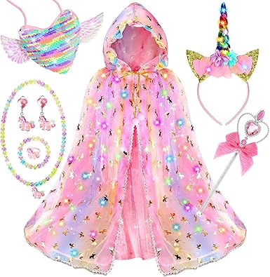 Fedio Princess Dress up for Girls,Unicorn Light up Princess Cape Set,Light up Princess Dress with Unicorn Toys for Girls 3-8