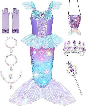 Meland Mermaid Costume for Girls - Light Up Halloween Costume for Kids Toddler 3-10, Princess Dress Up for Girl Birthday Gift