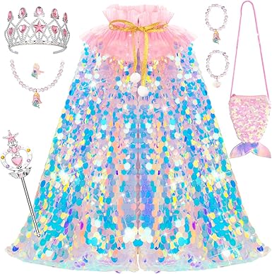 Meland Princess Dress Up for Girls 3-8, Mermaid Cape with Crown, Dress Up Clothes Birthday Gift Toys for Girls Toddlers