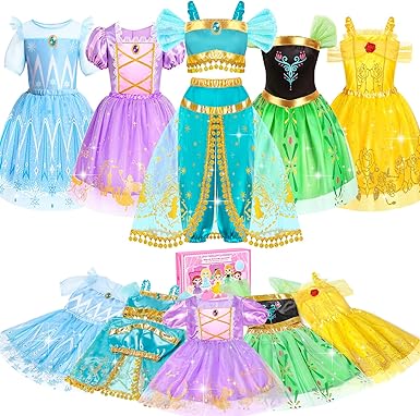 Jeowoqao Princess Costumes for Girls, Princess Dress up Clothes for Girl 4-6 Princess Dresses,Little Girl Dress up Pretend Role Play, Christmas Birthday Gifts for Toddler Girl Aged 3-6