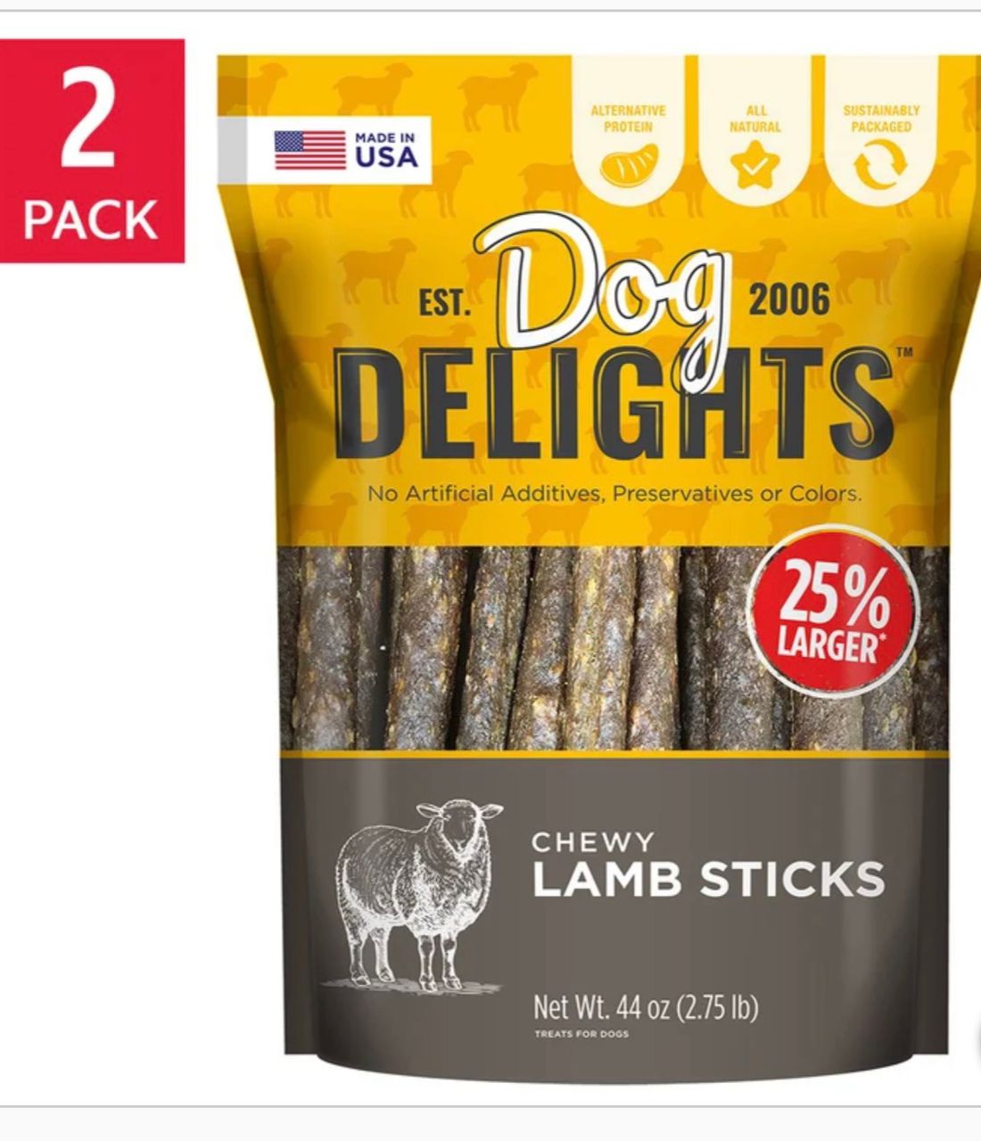 Dog Delights Chewy Lamb Sticks 44 oz, 2-pack
