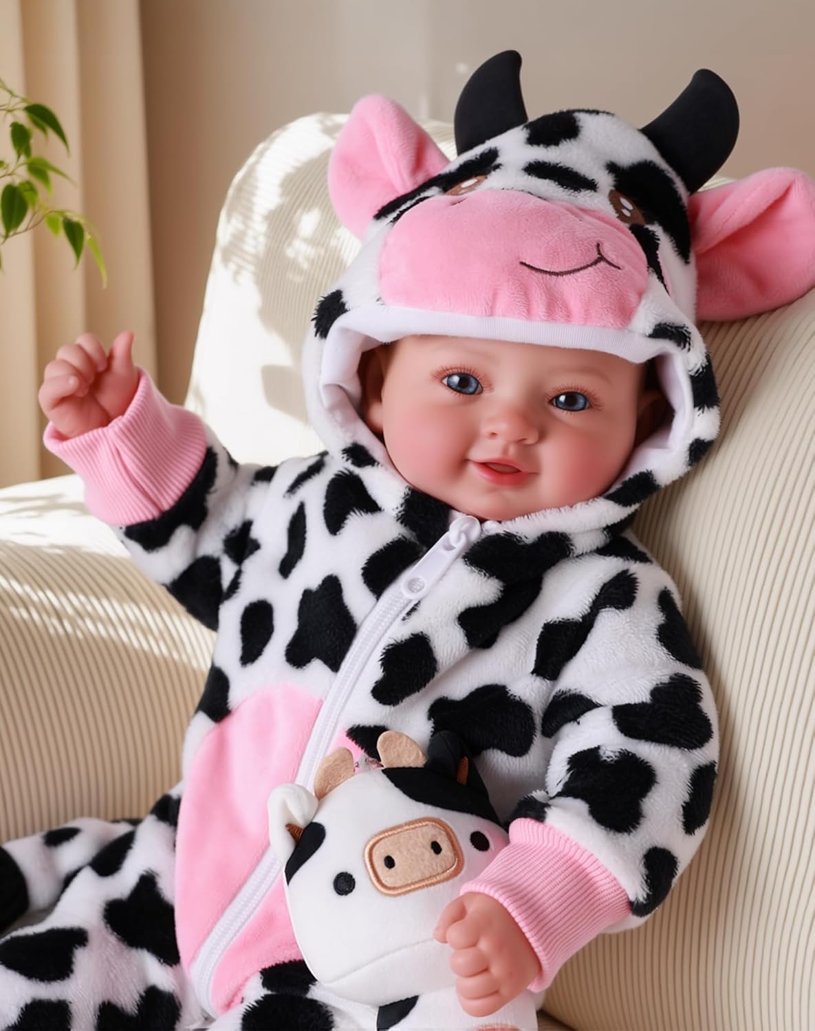 BABESIDE Baby Doll Girl - 17-Inch Soft Body Realistic Baby Doll with Blue Eyes and Cow Outfit Lightweight Real Life Baby Dolls for 3+ 4 5 6 7 8 9 Years Girl Birthday Gifts, Pretend Play and Christmas