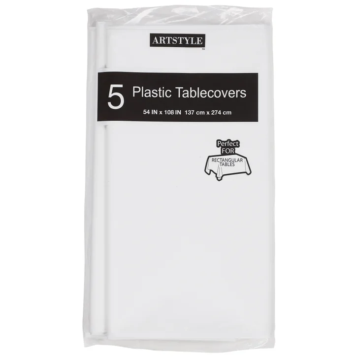 Artstyle Plastic Tablecovers, 54 in x 108 in, White, 5-count