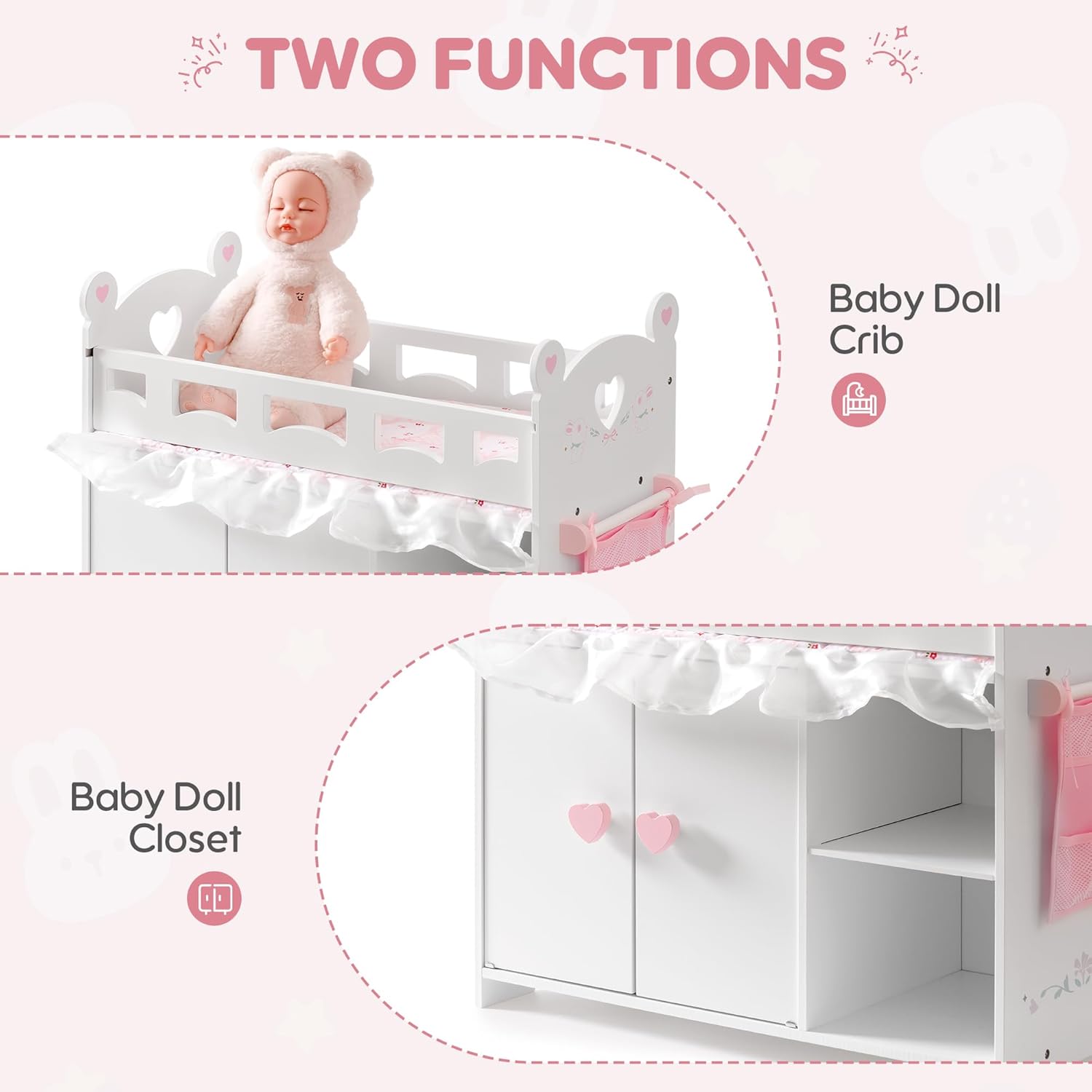 ROBOTIME Baby Doll Crib – Wooden Baby Doll Changing Table with Storage – Bedding & Hooks, Fits 18-21" Dolls, Doll Bed Playset for Girls Ages 3+