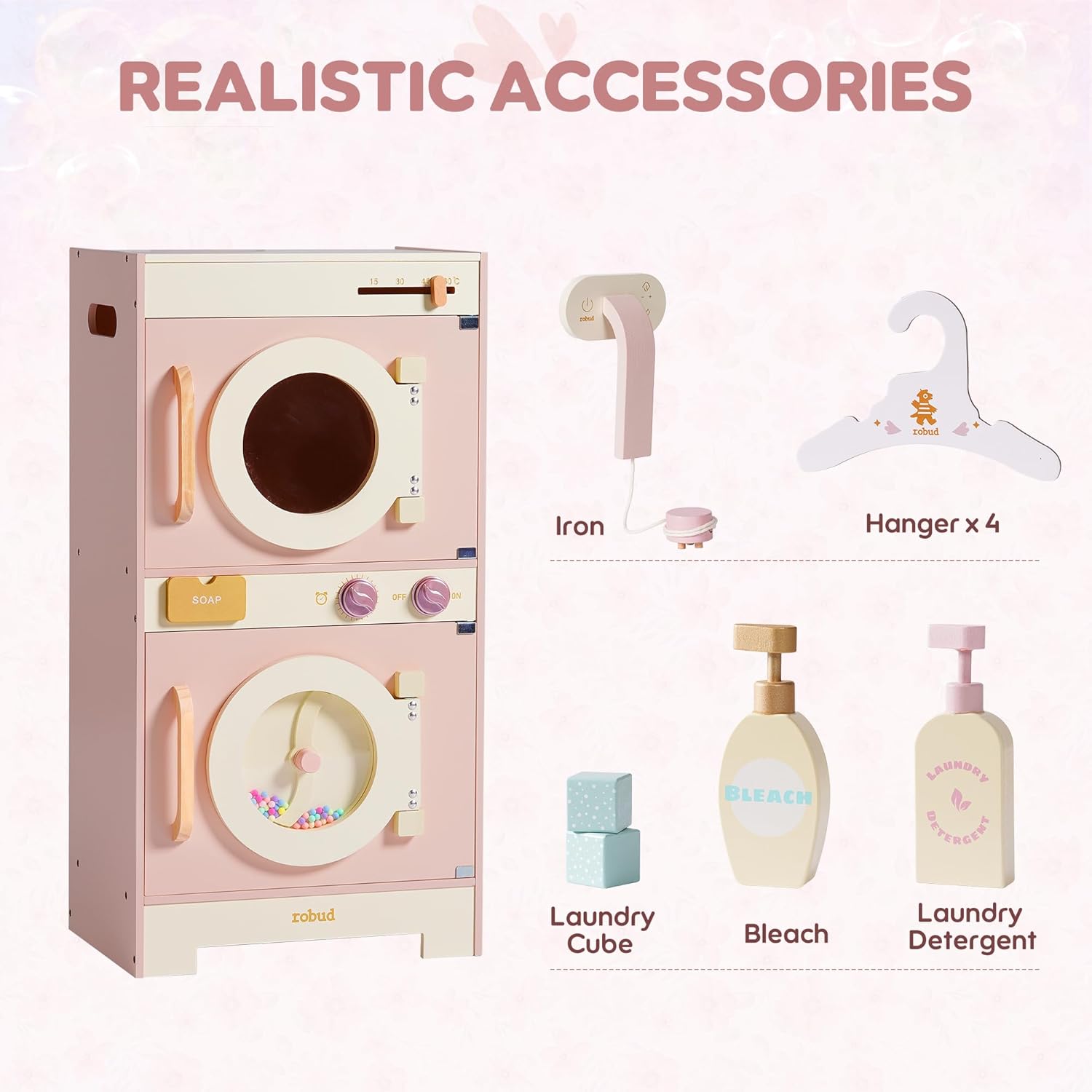 ROBUD Wooden Laundry Playset, Play Kitchen Set, Toy Washing Machine, Kids Washer and Dryer Set, Pretend Toddlers Kitchen Toy with Iron, Hangers , Soap, Gift for Boys & Girls, Age 3+ (Pink)