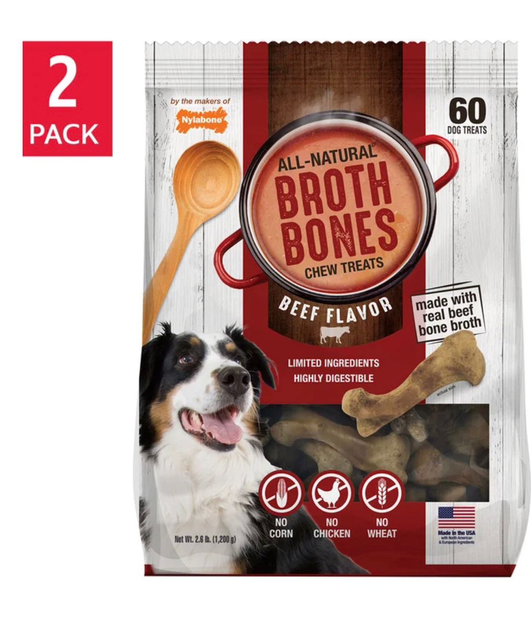 Nylabone Broth Bones Natural Edible Dog Chews, 60-count, 2-pack