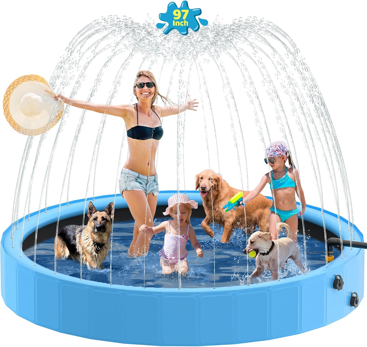 Raxurt Dog Pool with Sprinkler, 97'' Foldable Dog Pools for Large Dogs, 2-in-1 PVC Non Slip Pet Bathing Tub for Outdoor Backyard, Blue