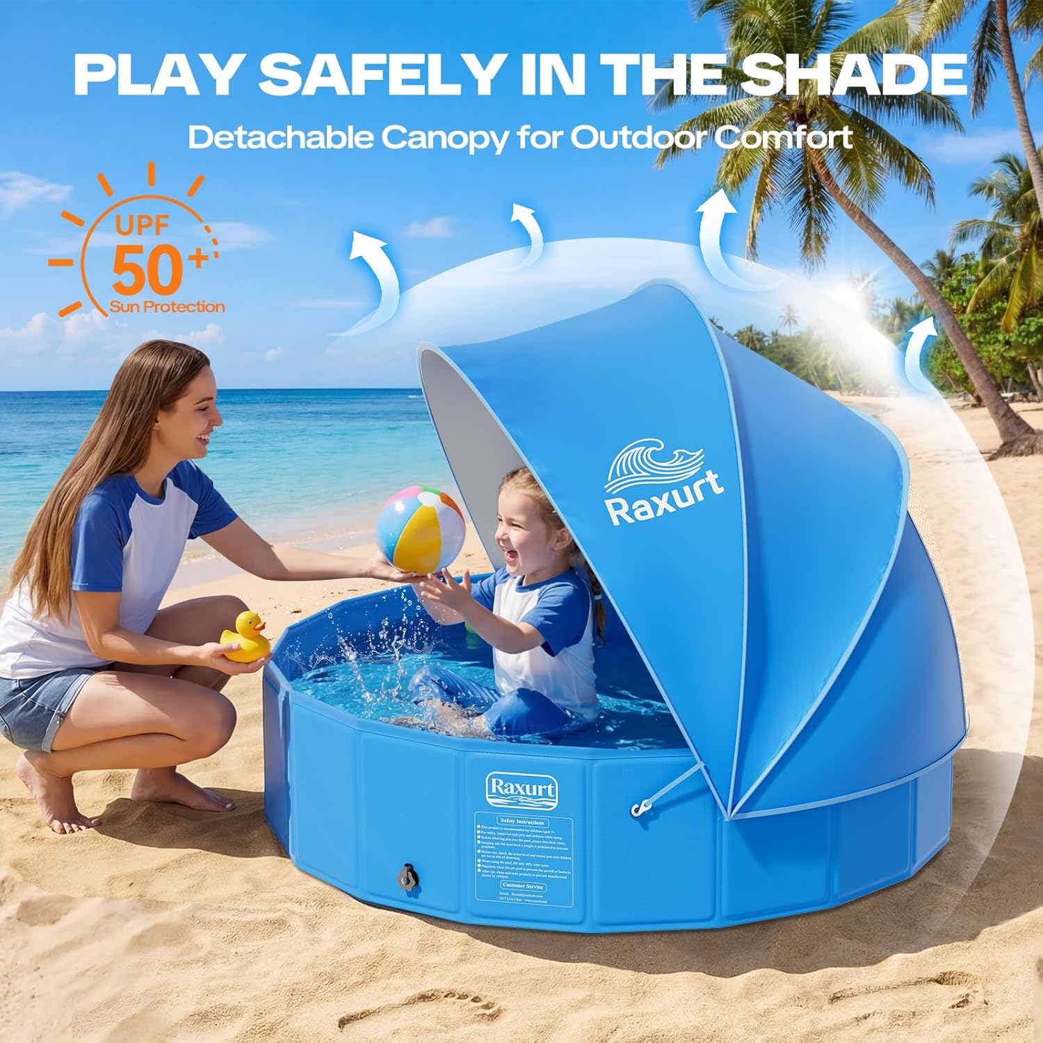 63in Kiddie Pool with Canopy - Large Foldable Toddler Pool with Detachable UPF 50+ Sunshade, Portable Non-Slip Kids Swimming Pool Collapsible Dog Pool for Outdoor Backyard Beach