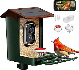 Smart Bird Feeder with Camera Solar Powered 2K HD Video, 10,000+ Species AI Recognition, Real-Time App Alerts, and Weatherproof Design for Effortless Birdwatching, Gift for Bird Lovers, Green Brown