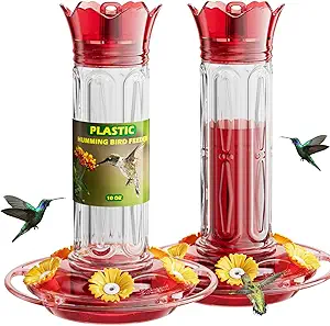 Birdream Hummingbird Feeders for Outdoors, 2 Pack-20oz Plastic Hummingbird Feeder with 5 Bee Guard Feeding Ports & Cleaning Brush, Leak Proof, Built-in Ant Moat, Red