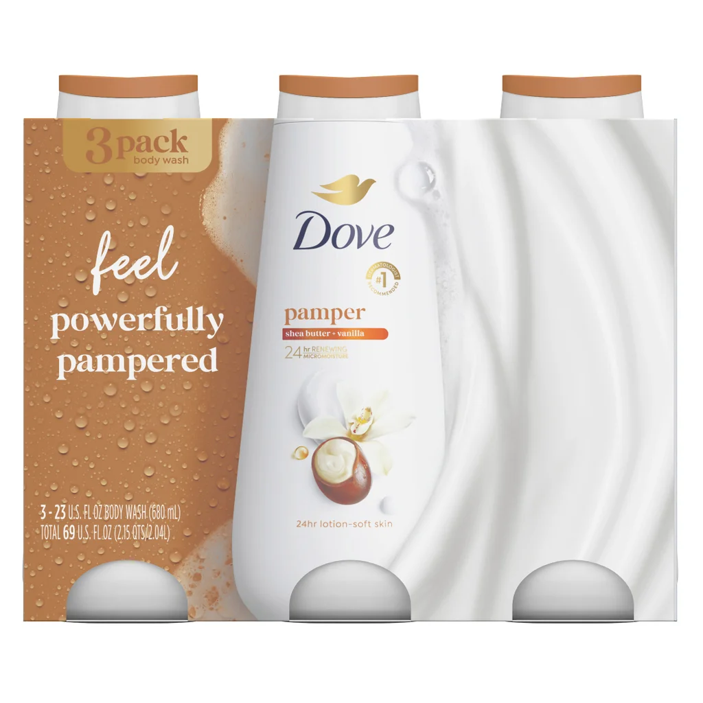 Dove Pamper Shea Butter and Vanilla Body Wash, 23 fl oz, 3-pack