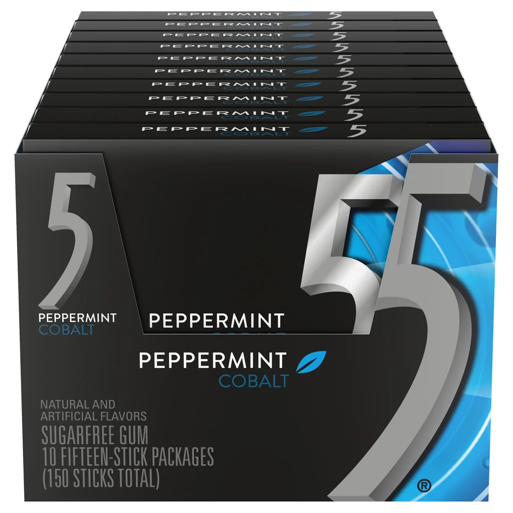5 Gum Sugar Free Chewing Gum, Peppermint Cobalt, 15 Sticks, 10-Count