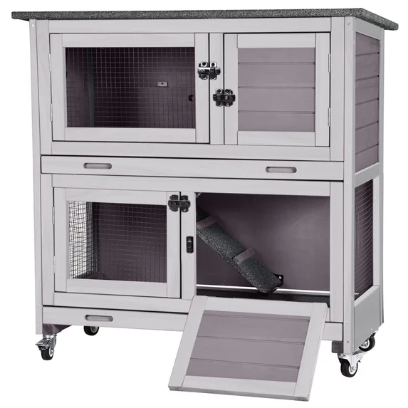 Aivituvin Rabbit Hutch Bunny Cage Outdoors & Indoors with Wheel, Two Layer Guinea Pig House