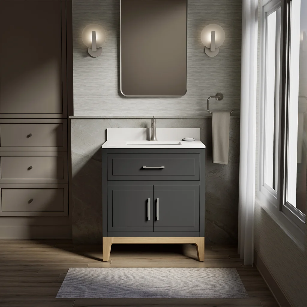 Kohler Tio Bathroom Vanity Cabinet with Sink and Quartz Top in Gray