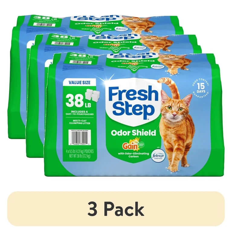 3 pack) Fresh Step Odor Shield Multi Cat Clumping Litter, Gain Original, 38 lb Total, Easy Pour Pouches (4 Pack)