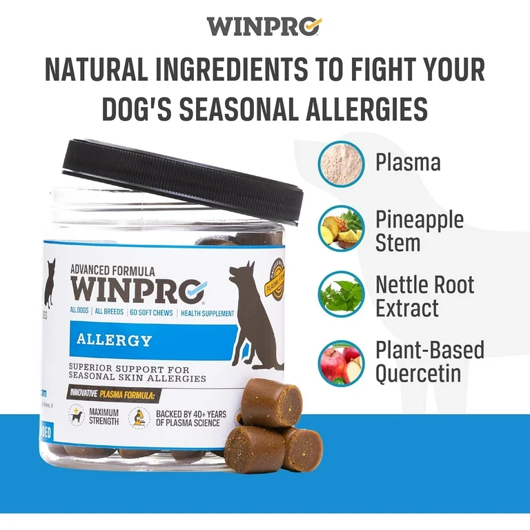 WINPRO Allergy Chews – Plasma-Powered Formula for Dog Seasonal Allergy Support – Grain-Free, Natural Blood Protein Supplements – 60 Soft Chews