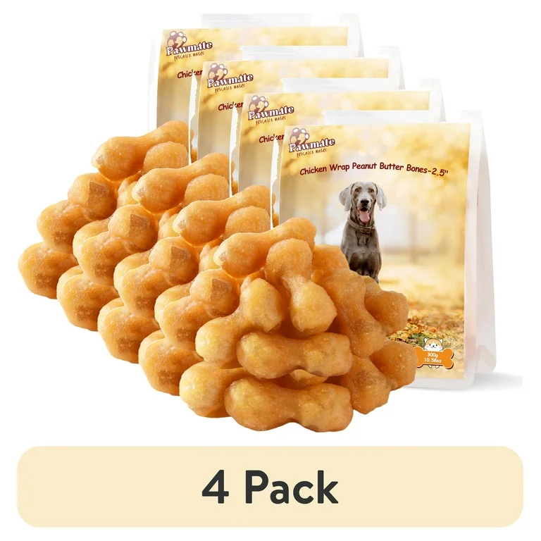 (4 pack) Pawmate Chicken ＆ 2.5" Peanut Butter Bones Dog Treats, Low Fat Natural Treats for All Dogs, 11oz