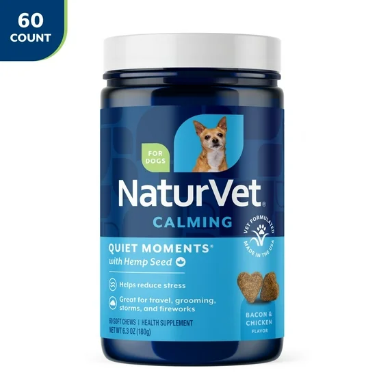 NaturVet Hemp Quiet Moments Calming Aid for Dogs - Plus Hemp Seed – Helps Reduce Stress & Promote Relaxation – Great for Storms, Fireworks, Separation, Travel & Grooming - 60ct Soft Chew