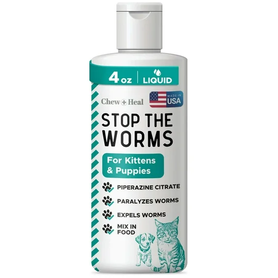 Chew + Heal Cat and Dog Dewormer - 4 oz - Wormer Liquid to Paralyze and Expel Roundworms - Kitten and Puppy Dewormer