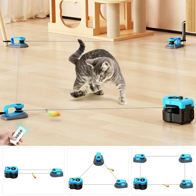 Pet Deluxe Interactive Cat Toy for Indoor Cats, Cat Feather Toy Treadmill for Bored Kitten Puppy Play Chase Run Exercise, Auto/RC Control DIY Cat Mouse Hunting Toy-Sky Blue