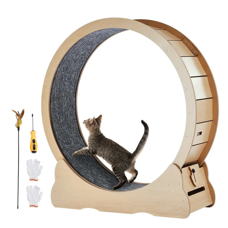 KFFKFF Cat Exercise Wheel, 43.3" Large Treadmill for Indoor Cats, Cat Running Wheel with Removable Carpet & Teaser Toy for Walking, Running, and Training