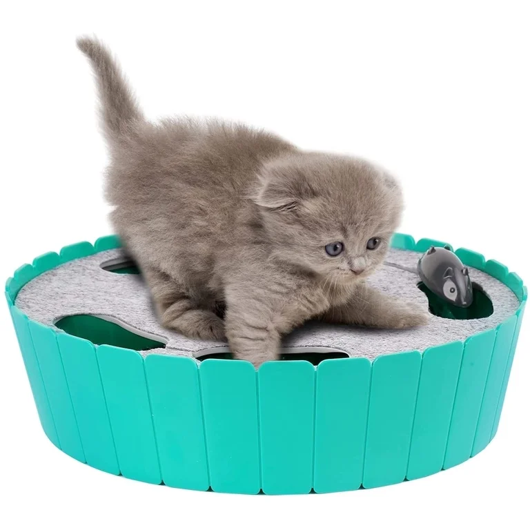 Pawaboo Interactive Cat Toy with Running Mouse, Electronic Motion Cat Toy Automatic Teaser for Indoor Cats, Pop and Play Hide Seek Cat Toy Hunting Mouse for Pet Cat Kitten Play, Lake Blue