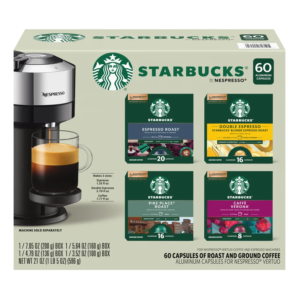 Starbucks Coffee and Espresso Capsules for Nespresso Vertuo Machines 60-count Variety Pack, 100% Arabica Coffee