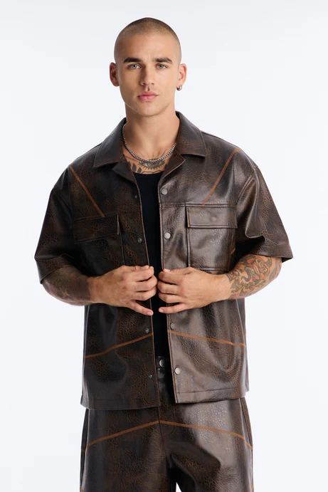 Boxy Vintage Chainstitch Faux Leather Cuban Collar Button Up Shirt - Brown