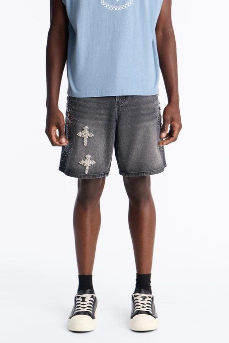 Relaxed Divine Jeweled Cross Denim Short - Black Wash