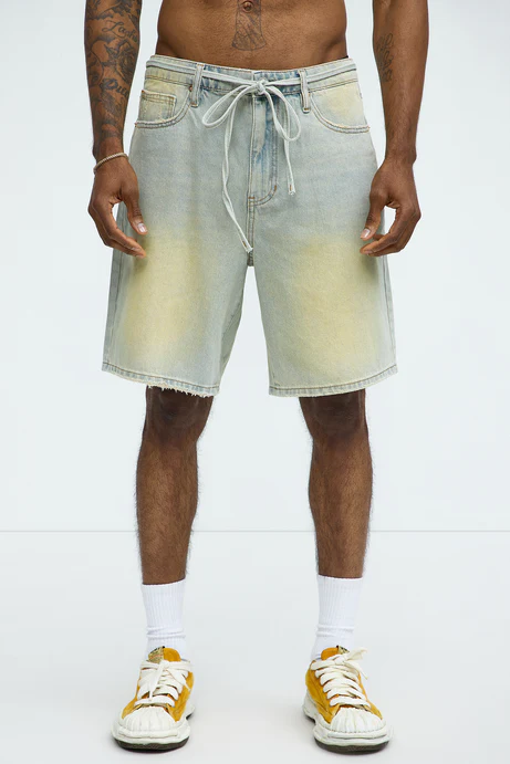 Drawstring Belt Relaxed Denim Shorts - Vintage Blue Wash