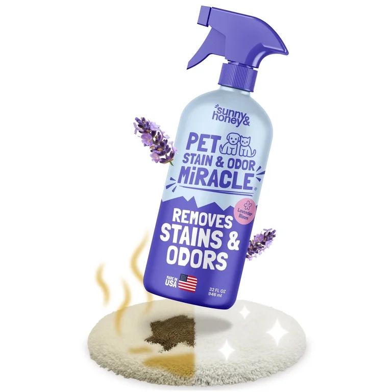 Sunny & Honey Pet Stain and Odor Remover - Enzyme Cleaner for Dog Urine and Poop on Carpets and Furniture - Strong Pet Carpet Cleaner Spray (32fl oz Lavender)